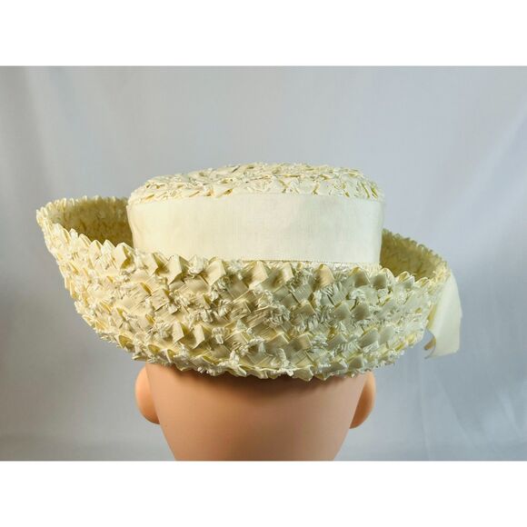 Vintage Nita of Dallas Ivory Pillbox Hat Ribbon Woven Straw - Picture 3 of 8